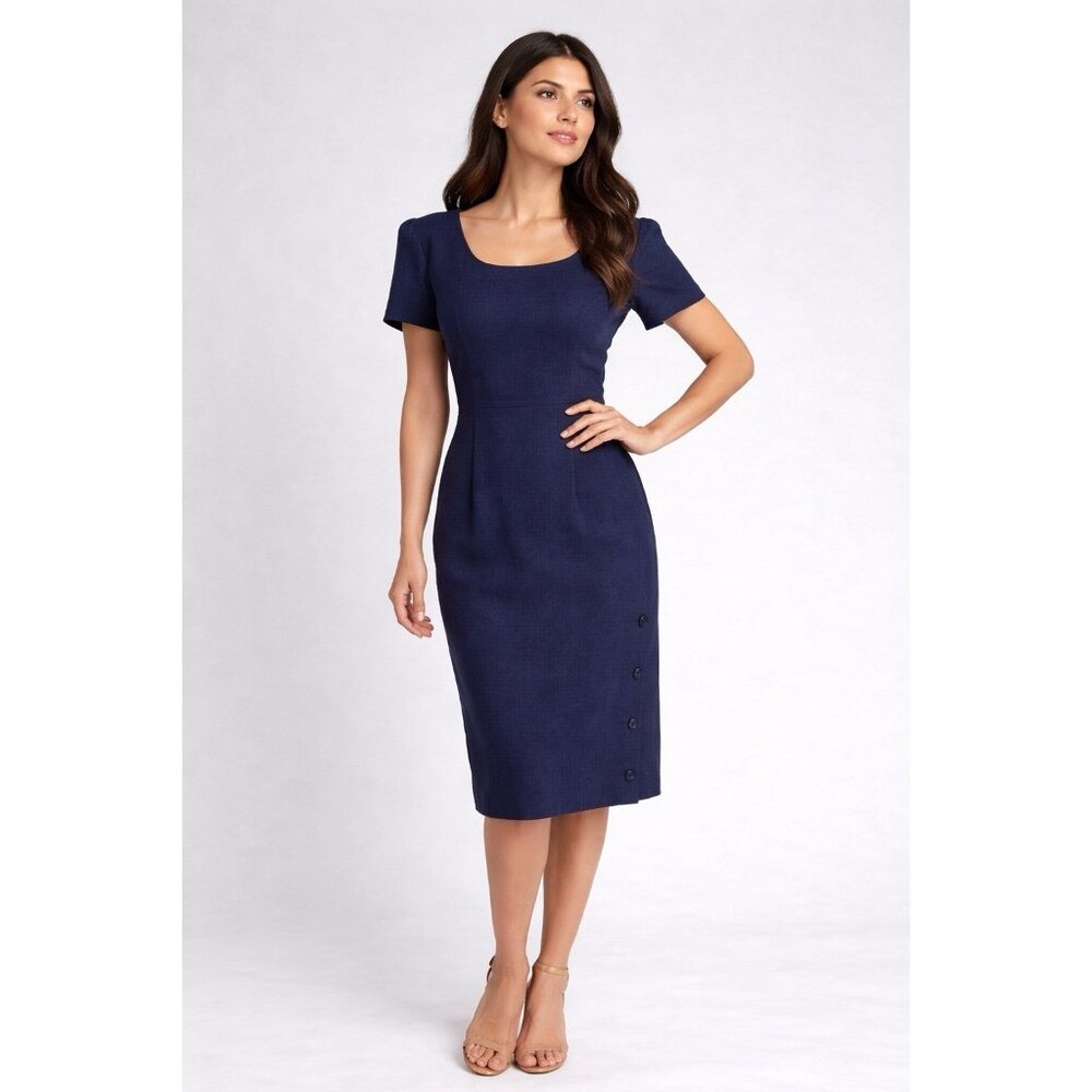 Taurus II Navy Linen Blend Dress 12P Petite Short Sleeve Knee Length Comfort